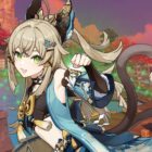 Kirara's official pose is placed over Ritou in Inazuma, with green swirls cascading on either side of her.