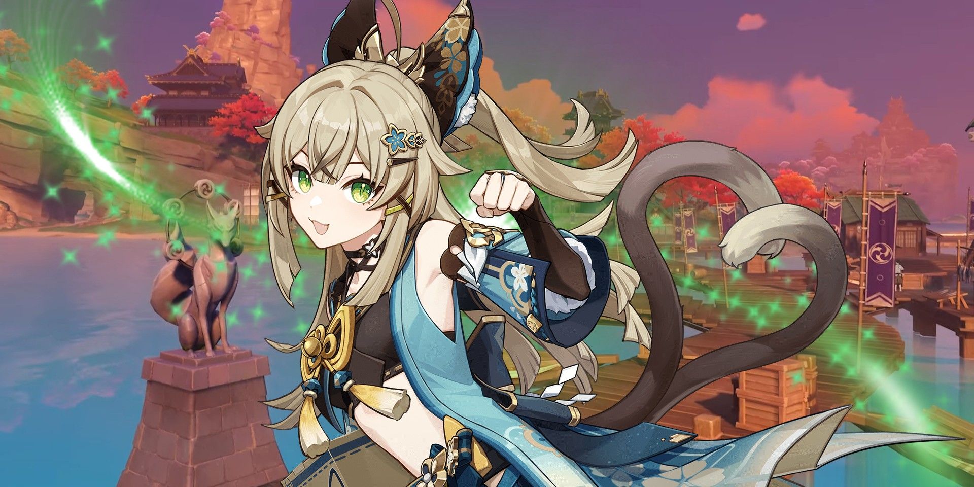 Kirara's official pose is placed over Ritou in Inazuma, with green swirls cascading on either side of her.