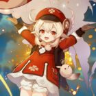 Genshin Impact's Klee happily jumps and throws out bombs. There is an explosion effect behind her.