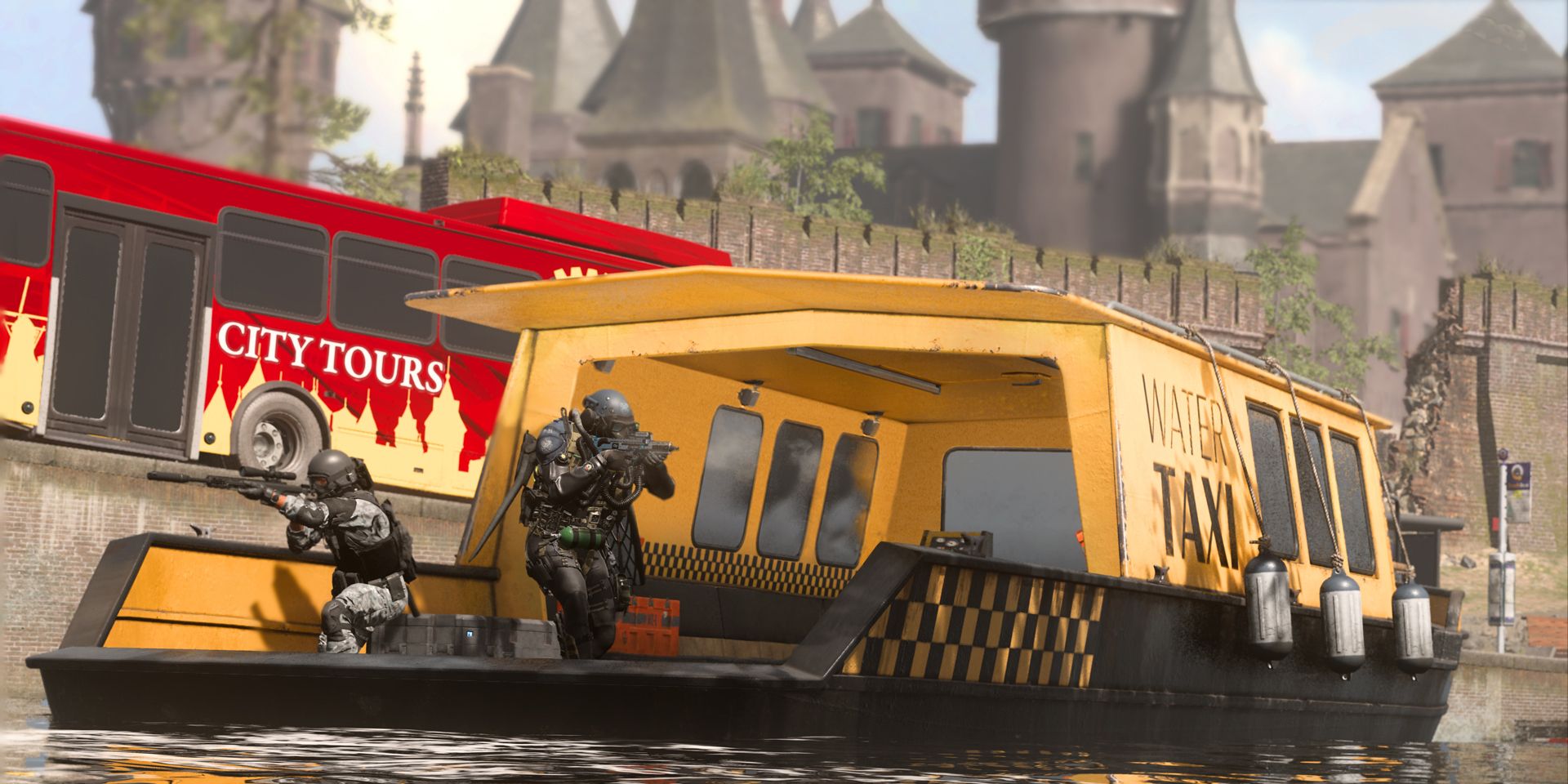Zwei Spielercharaktere zielen auf das Visier ihrer Waffen, das auf der Rückseite eines leuchtend gelben Wassertaxis angebracht ist, das durch einen von Vondels Kanälen fährt.