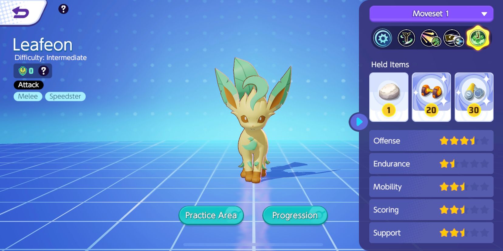 Leafeon aus Pokemon Unite mit seinen angezeigten Statistiken und gehaltenen Gegenständen