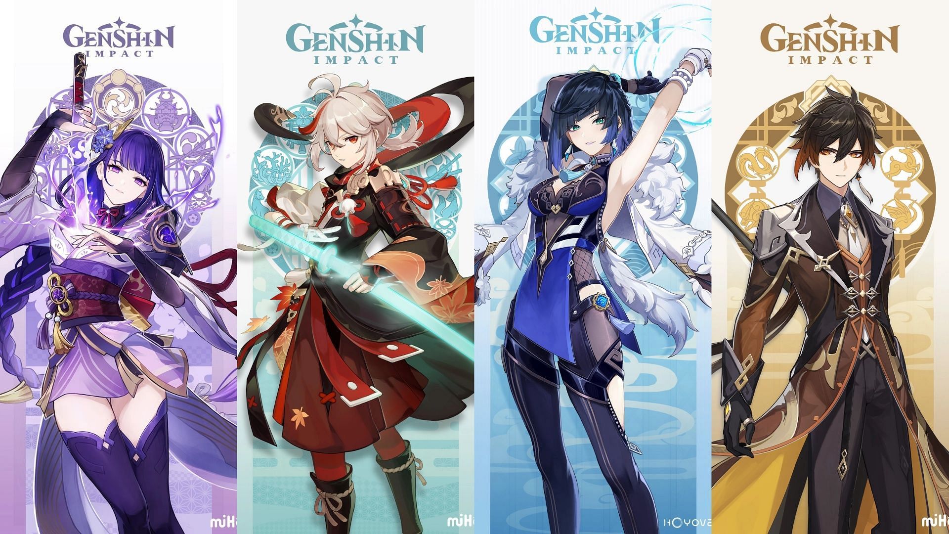 Raiden Shogun, Kazuha, Yelan, and Zhongli (Image via HoYoverse)