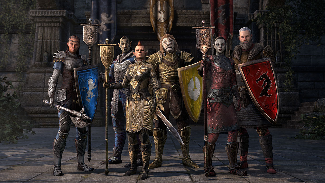 Eine Gilde aus sechs Abenteurern zeigt ihre Banner.