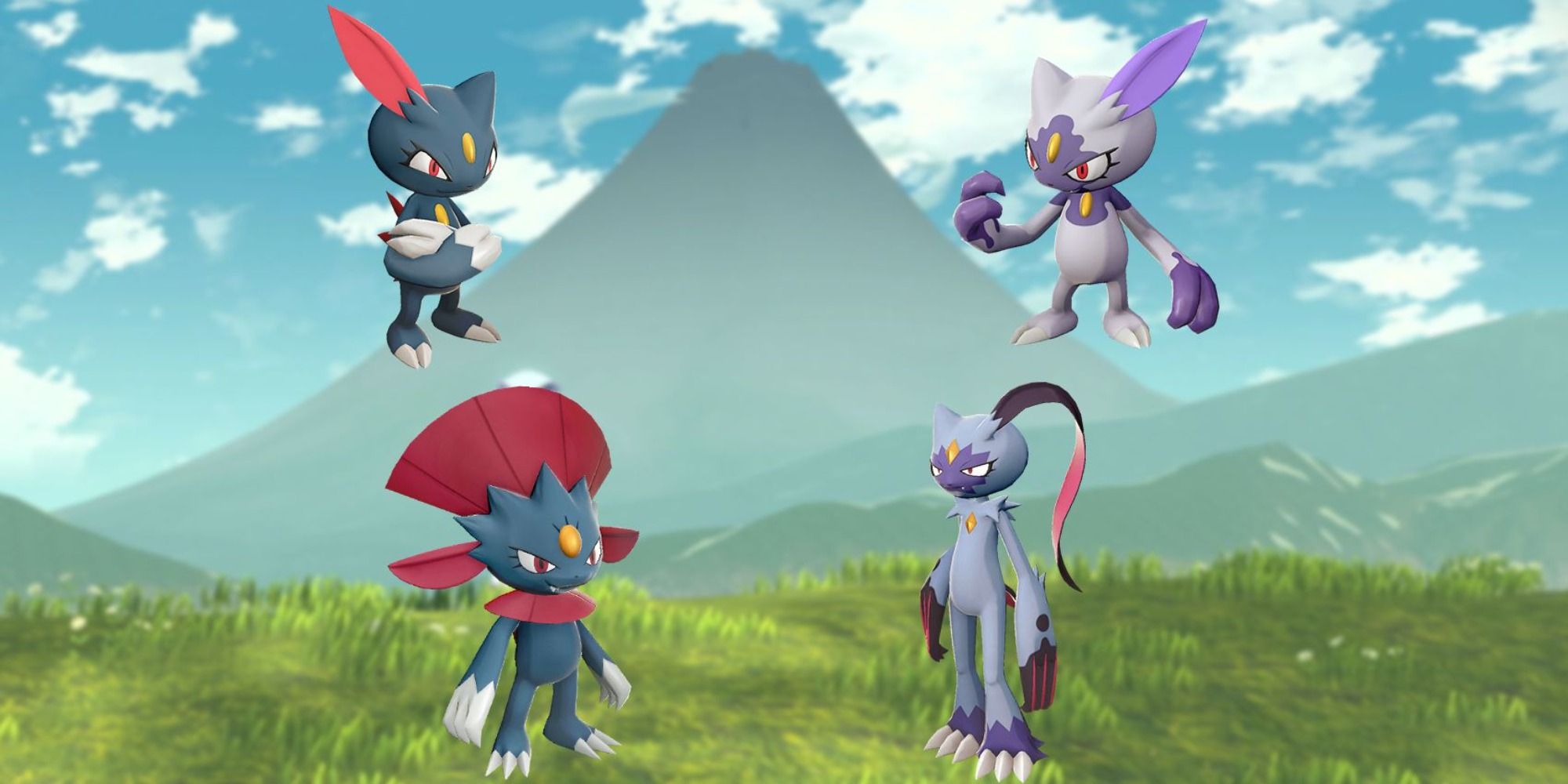 A side-by-side comparison of the pokemon Sneasel and it's evolutions, Sneasel and Weavile