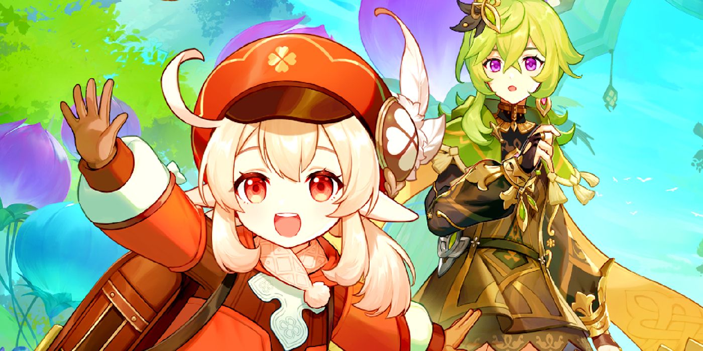 A cut out of Genshin Impact 3.8's key art featuring Klee smiling and extending her hand, while Collei looks at Klee with a surprised expression.