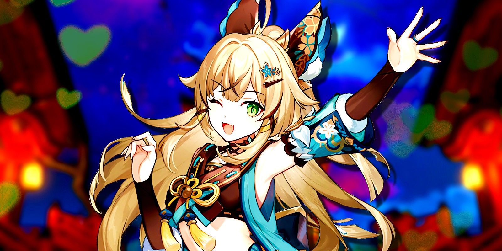 Kirara von Genshin Impact posiert in der Mitte mit grünen Herzen hinter sich.