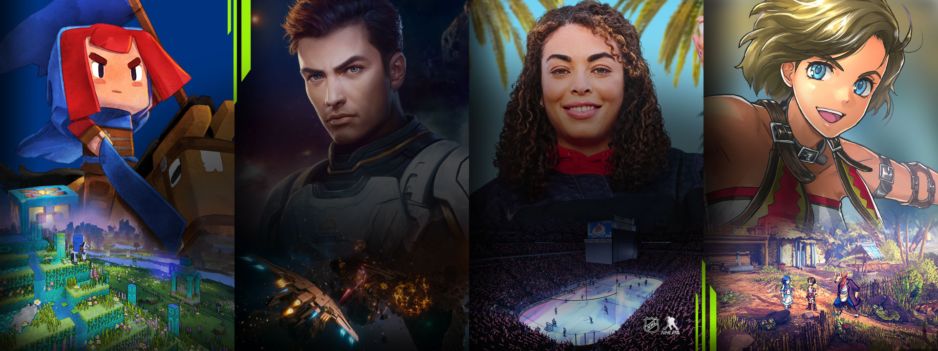 Eine Auswahl an Spielen, die mit dem Xbox Game Pass verfügbar sind, darunter Minecraft Legends, Everspace 2, NHL 23 und Eiyuden Chronicle: Rising.