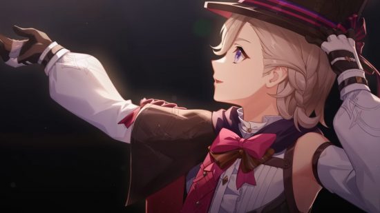 Genshin-Impact-Lneyy-Banner-Fähigkeiten Genshin Impact Lyney-Banner: Lyney steht mit seinem Zaubererhut und Umhang auf der Bühne und streckt seine Hand aus, um Lynette von einer Plattform herunterzuhalten.