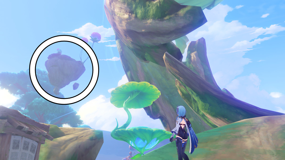 Schwimmende Insel mit verborgenem Schatz während der Weltquest „Returning Curios“ im Secret Summer Paradise-Event von Genshin Impact.