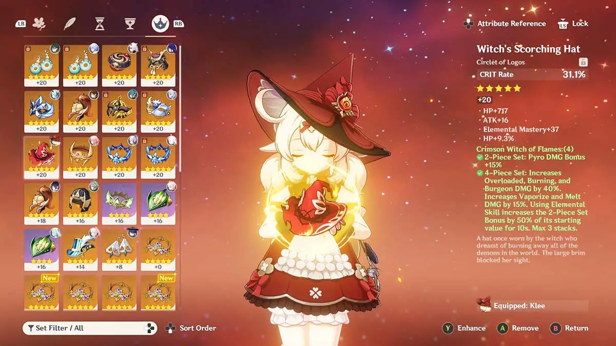 Screenshot des Klee-Reif-Artefaktmenüs in Genshin Impact.
