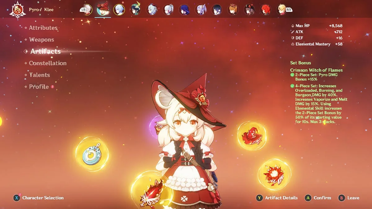 Screenshot des Klee-Artefaktmenüs in Genshin Impact.
