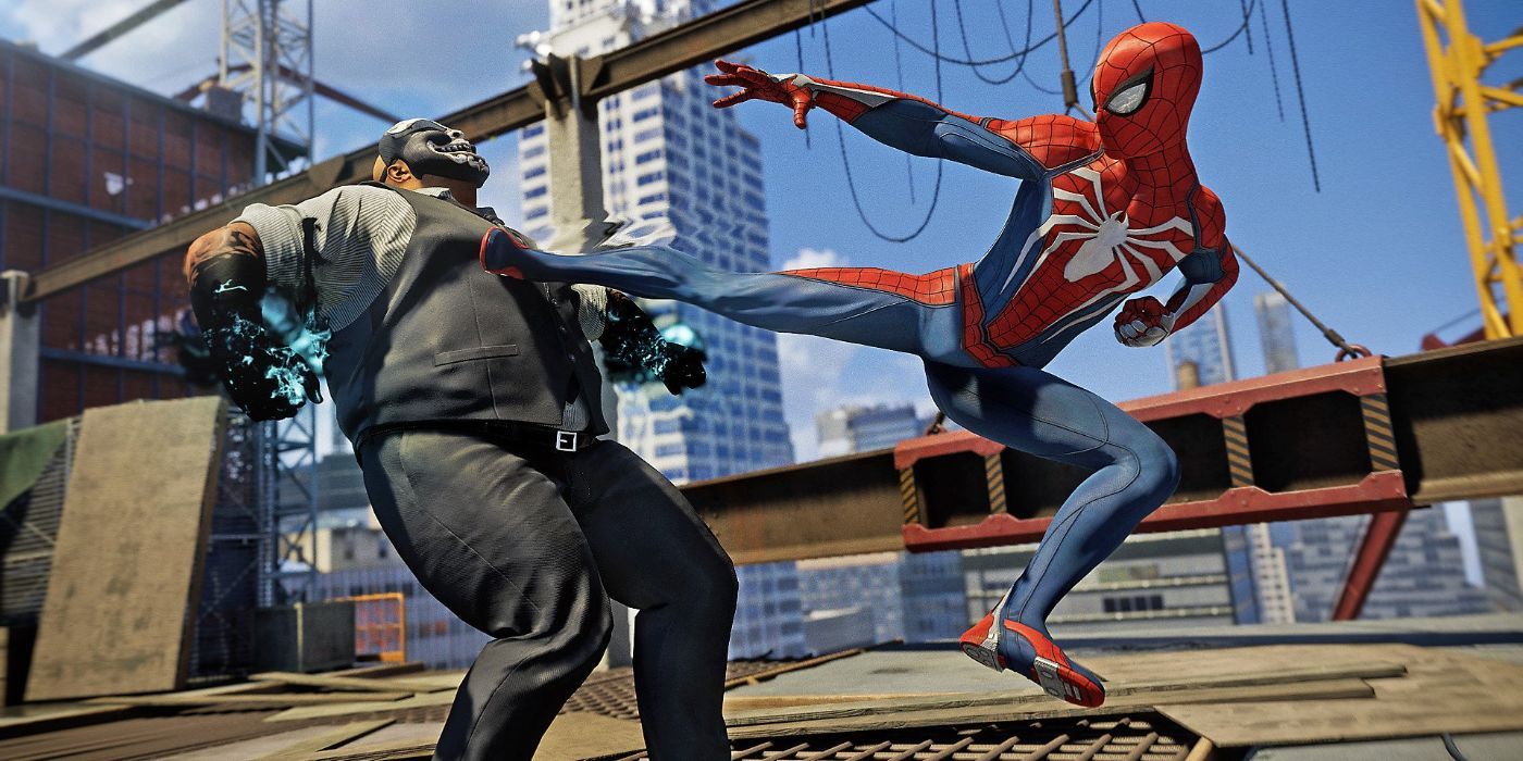 Spider-Man (rechts) versetzt dem Rohling (links) einen Tritt, der Teil der Demons ist, einer der Gangs im Spiel 