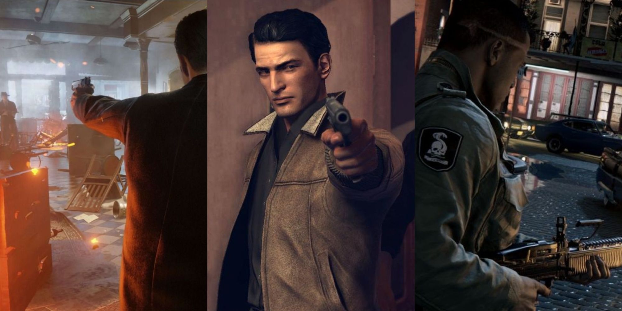 Eine Collage von Tommy Angelo, der in Mafia: Definitive Edition auf rivalisierende Gangster in einem Gebäude schießt, Vito Scalleta, der in Mafia 2 eine Waffe auf die Kamera richtet, und Lincoln Clay, der in Mafia 3 ein Maschinengewehr auf rivalisierende Gangster feuert.