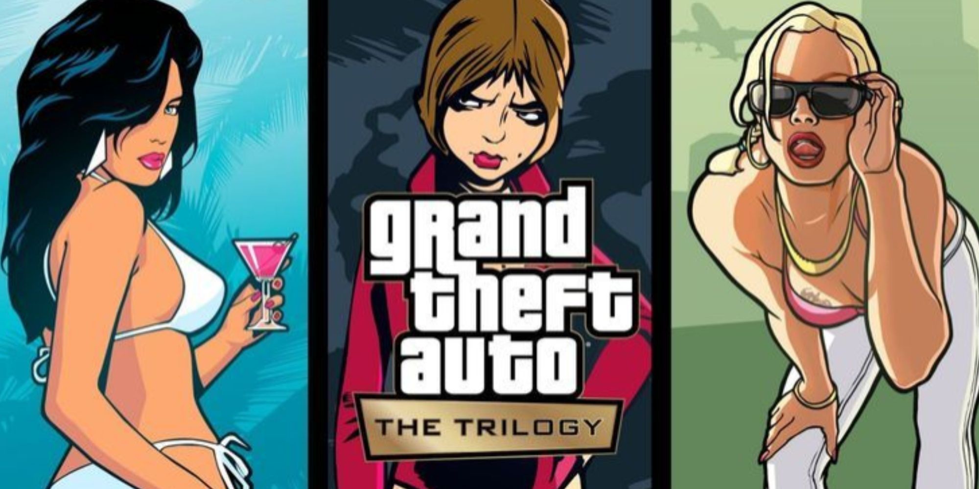 Das Cover für GTA Vice City, GTA 3 und GTA: San Andreas zeigt alle die weiblichen Titelcharaktere, aufgeteilt in die Trilogie-Bundle-Edition.