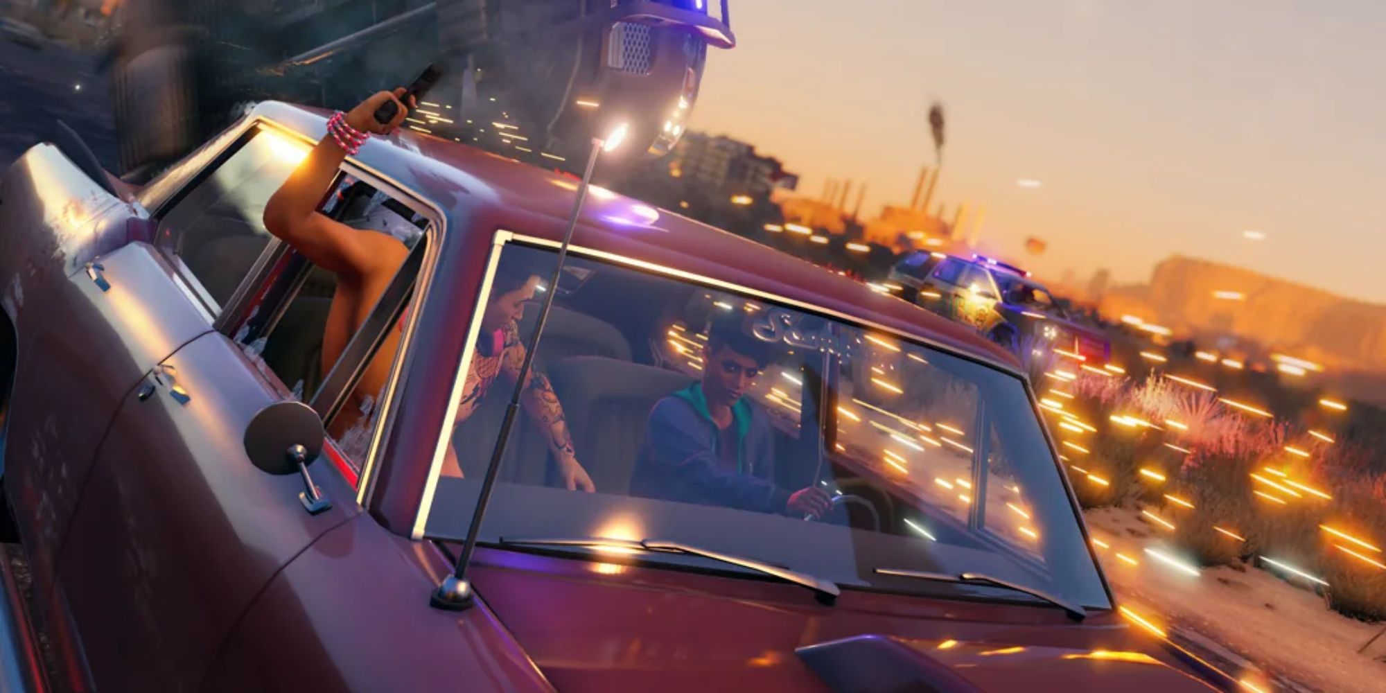 Saints Row Screenshot von Boss und Kev, die in einem Auto vor der Polizei davonfahren und eine Waffe aus dem Autofenster halten.
