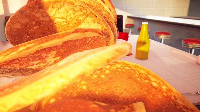 Ein Screenshot aus dem Food-Spiel Nour, der die größten Pfannkuchen zeigt, die die Welt je gesehen hat, gestapelt und in Richtung der Kamera fallend. Zulangen!