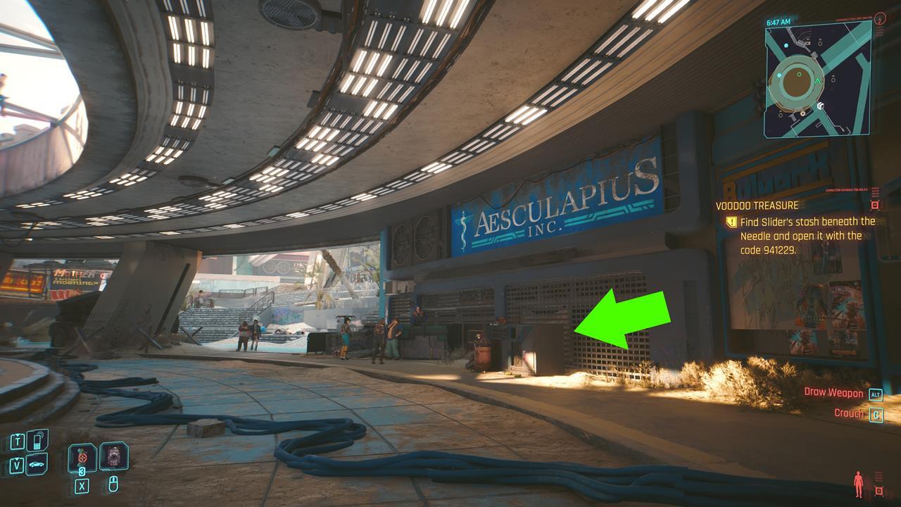 Suchen Sie nach dem Metallbehälter unter dem Schild „Aesculapius Inc.“