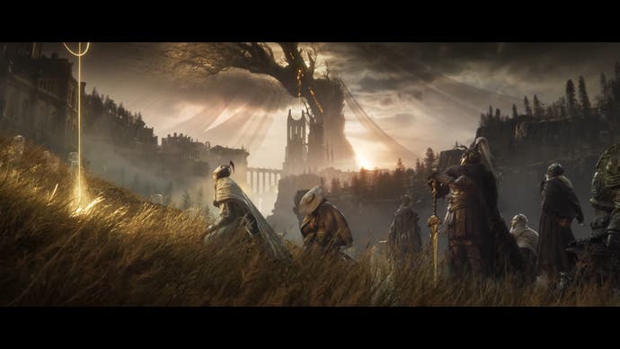 Screenshot des Story-Trailers „Shadow of the Erdtree“, der mehrere gepanzerte Charaktere zeigt, die neben einem seltsamen goldenen Symbol mit einem riesigen Baum im Hintergrund stehen