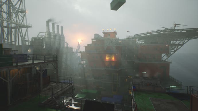 Der offizielle Screenshot von „Still Wakes the Deep“ zeigt das Äußere einer Bohrinsel vor einem grauen Himmel