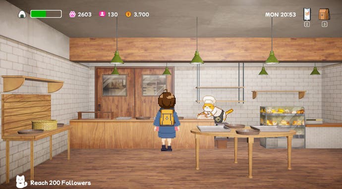 In Neko Odyssey nähert sich ein Schulmädchen einer Katze im Bäckerkostüm.