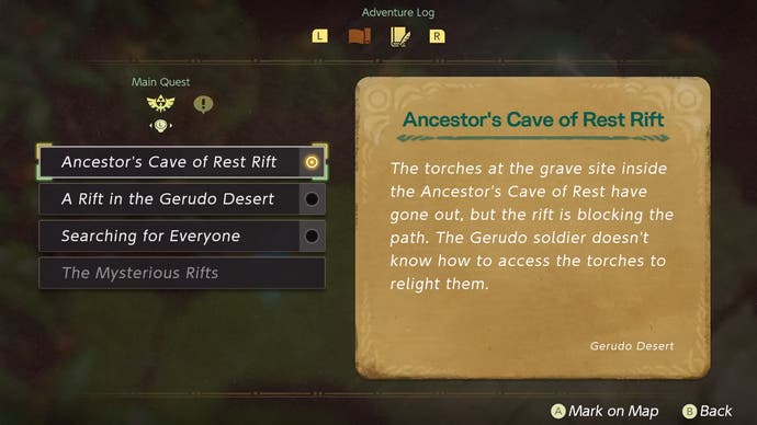 Screenshot des Trailers „The Legend of Zelda: Echoes of Wisdom“, der ihr Abenteuertagebuch mit Quests zeigt