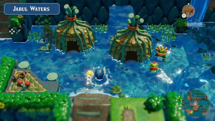 Der Trailer-Screenshot von The Legend of Zelda: Echoes of Wisdom zeigt das Zora-Dorf in Jabul Water mit Musikinstrumenten