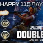 Happy 115 Day splash art featuring Zombies character Maya and listed double XP bonuses.