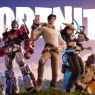 Fortnite characters standing together with the Fortnite logo in the background