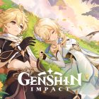 Two characters from the video game 'Genshin Impact' lie in a field of grass and flowers while a third character walks towards a tree in the background.