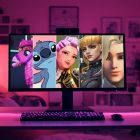 Gerüchte und Leaks zu GTA 6: Früheres Erscheinungsdatum, fragen sich Fans. An interior photo of a pink-lit bedroom or gaming setup features a computer monitor displaying a collage of five female animated or video game characters. From left to right, the characters are: a pink donkey pinata from Fortnite, Stitch from Disney's Lilo & Stitch, Jinu from KPop Demon Hunters, Magik from Marvel Rivals, and Luna Snow, also from Marvel Rivals