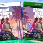 GTA 6: Baldige Vorbestellungen begeistern eine ungeduldige Community. Two video game covers for Grand Theft Auto VI (GTA 6) are displayed side-by-side. The cover on the left is for PlayStation 5 (PS5). The cover on the right is for Xbox Series X. Both covers show the same artwork: two characters, a man and a woman, sitting on the hood of a car with a sunset, palm trees, and a cityscape in the background. The game's logo, "Grand Theft Auto VI", is prominently displayed on both covers. Both also include "Coming 2025". The background is the beach and skyline of Vice City.