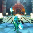 A screenshot of a room in World of Warcraft. A night elf character stands in front of a circular platform with twelve pedestals surrounding it.