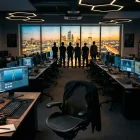 GTA 6: Rockstar-Entwickler kündigen eine Gewerkschaft an, ein historischer Wendepunkt. Empty game development office with developer silhouettes standing together in solidarity at sunset
