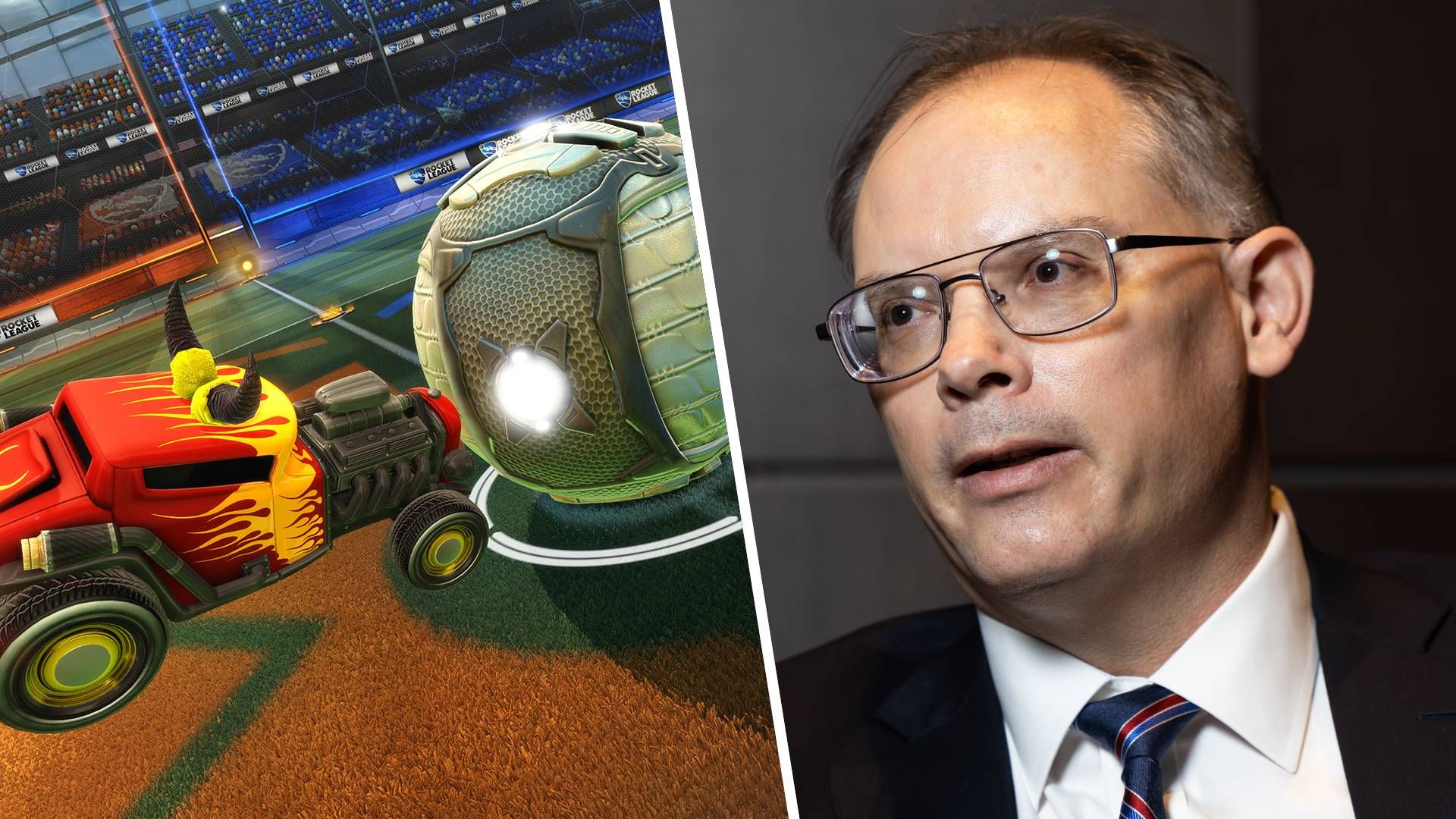 Side by side of Rocket League gameplay and Tim Sweeney, Epic CEO, wearing a suit and tie.